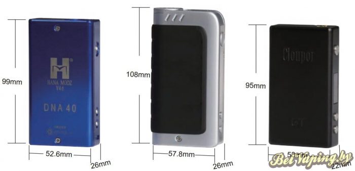 Габариты: Hana Modz на DNA40D (слева), IPV4 на SX330V4S (в центре) и Cloupor GT (справа)