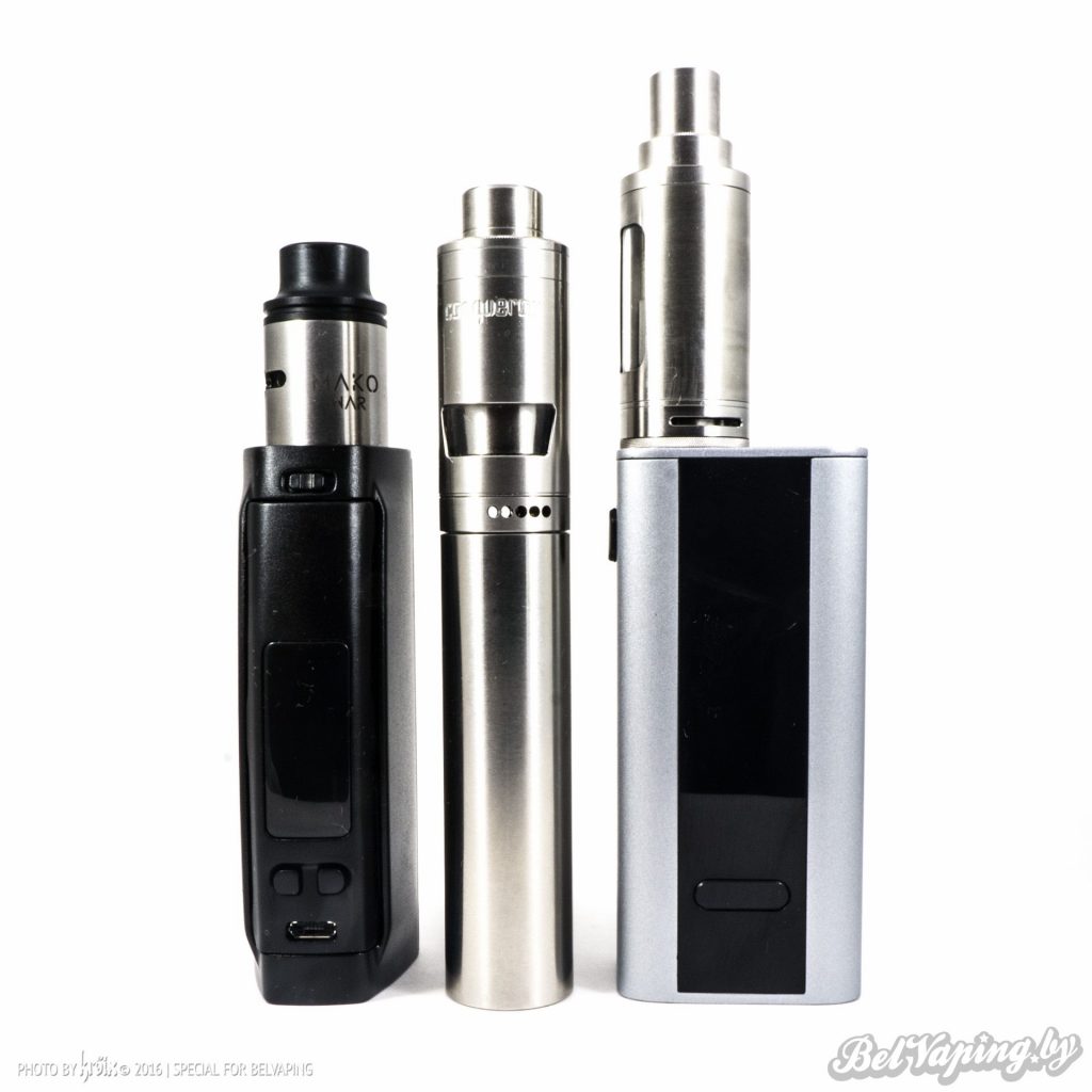 Слева направо: Wismec Presa TC 100W с Mako War RDA, SMPL (клон) с Wotofo Conqueror RTA, Joyetech Cuboid с Wotofo Serpent RTA