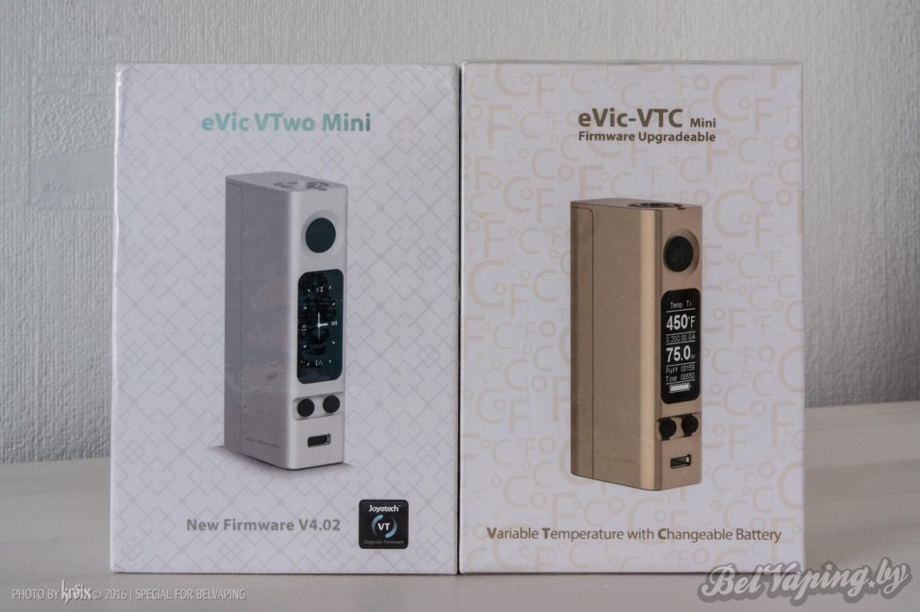 Упаковка eVic VTwo Mini 75W (слева) и eVic VTC