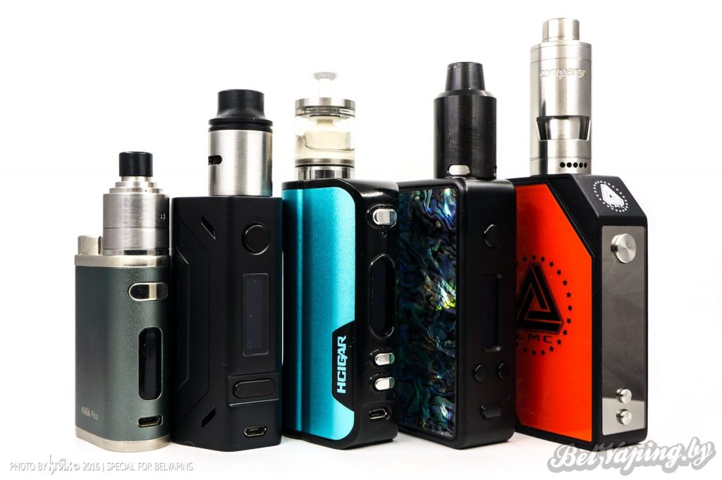 Сравнение боксмодов (слева направо): Eleaf iStick Pico 75W, Smoant Battlestar 200W, HCigar VT75, Hotcig R150, Limitless LMC 200W