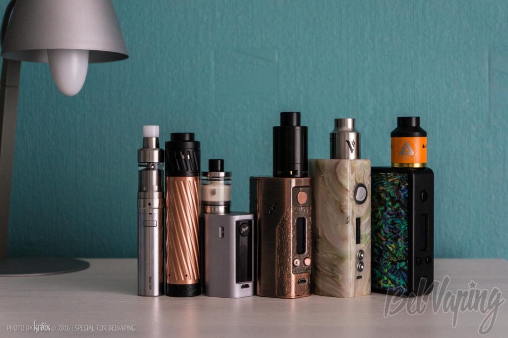 Сравнение модов (слева направо): eGo ONE, Karma Kit, Wismec Reuleaux RXmini, Wismec DNA 200 Bronze, Dmovpo ST-80, Hotcig R150
