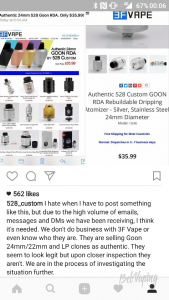 Реакция 528 Custom Vapes на продажу Goon RDA в магазине 3FVape