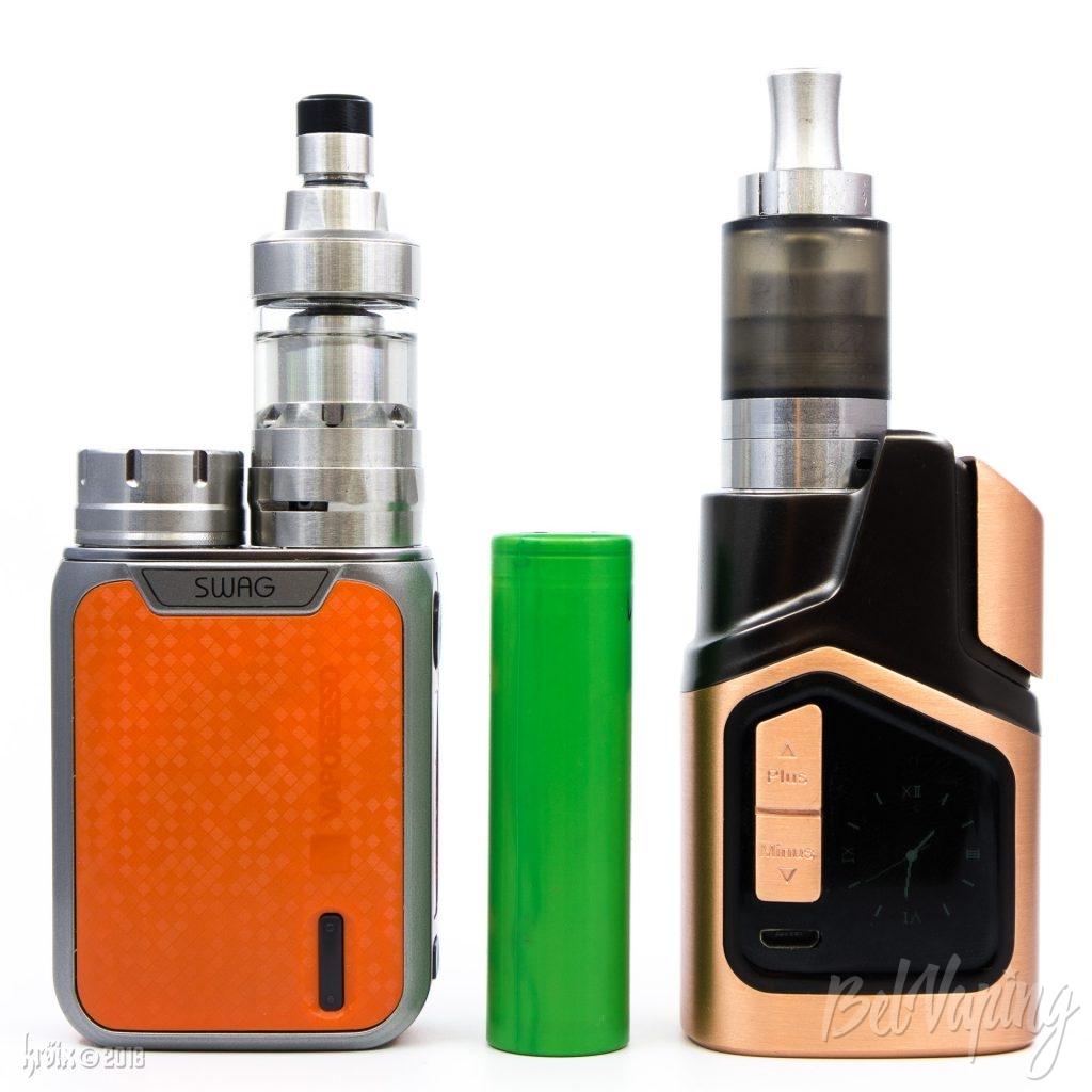 Сравнение Vaporesso SWAG (слева), аккумулятор 18650 и GTRS GT150W