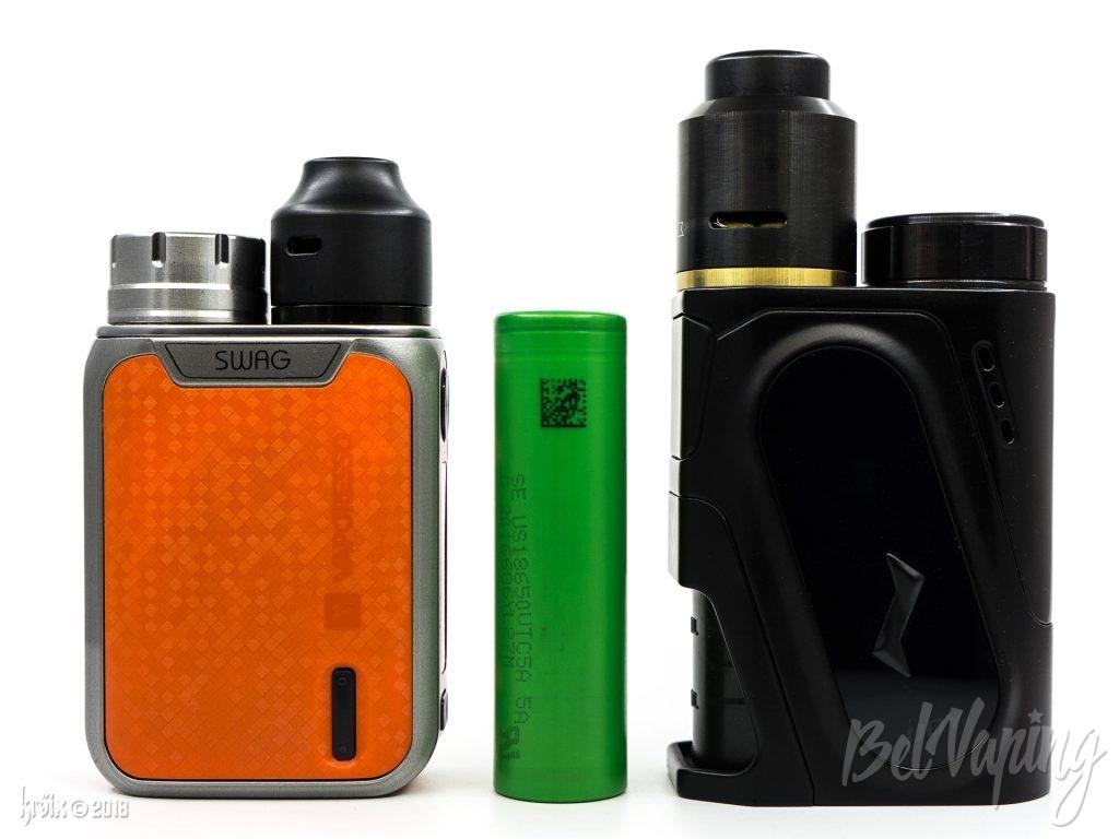 Vaporesso SWAG 80W (слева), аккумулятор 18650 и IJOY CAPO Squonk Kit