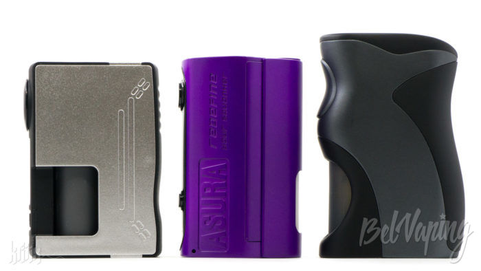 Сравнение сквонков (слева направо): Hugsvape Surge Squonk Mod, Hugo Vapor ASURA, Wotofo Recurve Squonk