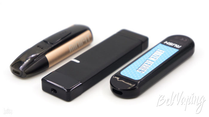 Сравнение размеров (слева направо): Justfog Minifit, QWIN Nebulizer, Rush Disposable Pod