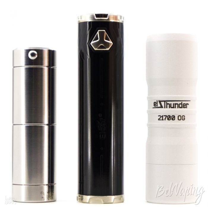 Сравнение размеров (слева направо): Cthulhu Tube Mod, Eleaf iJust 21700, El Thunder 21700