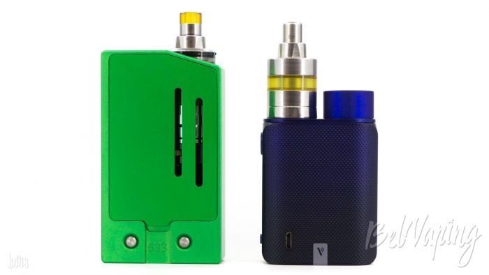 Сравнение размеров: Kayfun Prime RTA в Sunbox E8 Moonraker от SXK (слева) и Kayfun [lite] 2019 на Vaporesso SWAG 2 