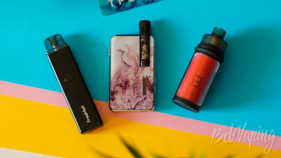 Сравнение размеров (слева направо): FreeMax ONNIX, Famovape Magma AIO и BMOR FUSE Pod