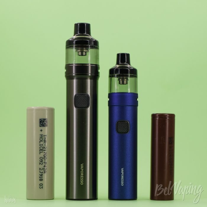 Сравнение размеров (слева направо): аккумулятор 21700, Vaporesso GTX GO 80, Vaporesso GTX GO 40 и аккумулятор 18650