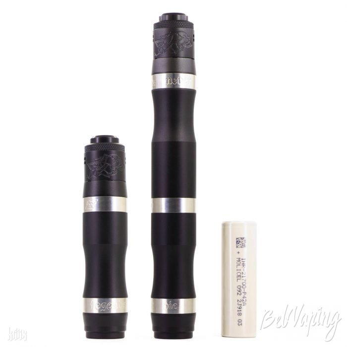 Мехмод Vert2 Mechanical Mod от Unicorn Vapes Inc и PSDBD в стаке (в центре) с дрипкой Pandemic RDA (26 мм)