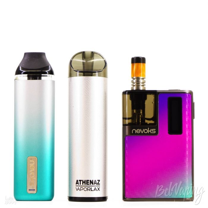 Сравнение размеров (слева направо): Nevoks Feelin Mini, VaporLax Athenaz Pod и Nevoks PAGEE