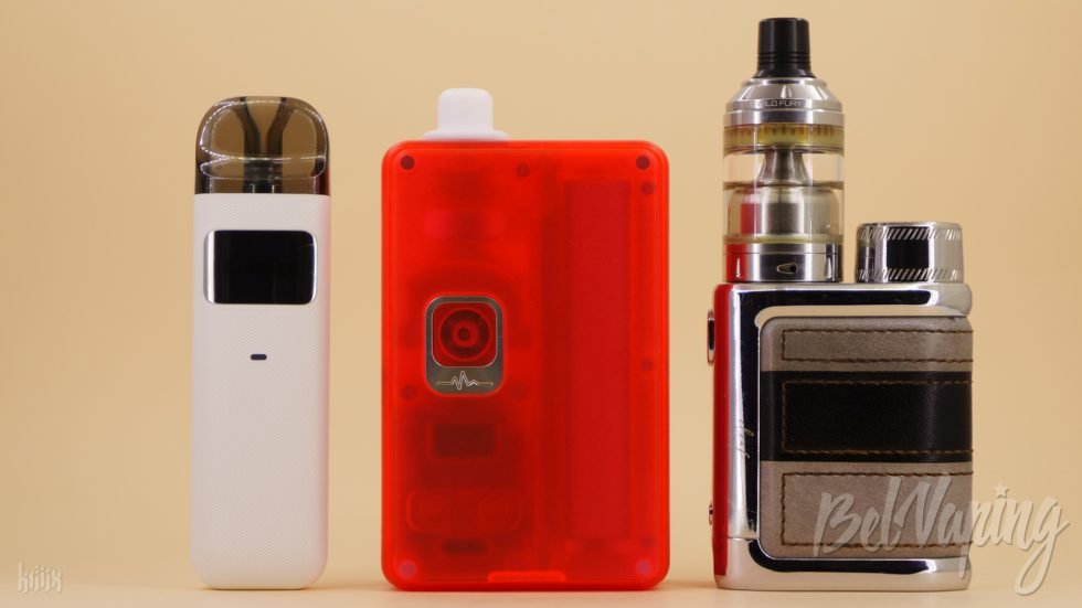 Сравнение размеров (слева направо): Geekvape SONDER U Pod, Vandy Vape Pulse AIO.5 и Eleaf iStick Pico LE с баком Vandy Vape Berserker (V1) MTL RTA