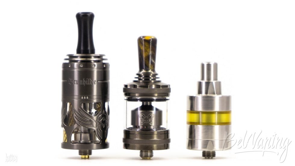 Сравнение размеров (слева направо): Vapefly Brunhilde MTL RTA, Hellvape Dead Rabbit MTL RTA, Kayfun [lite] 2019
