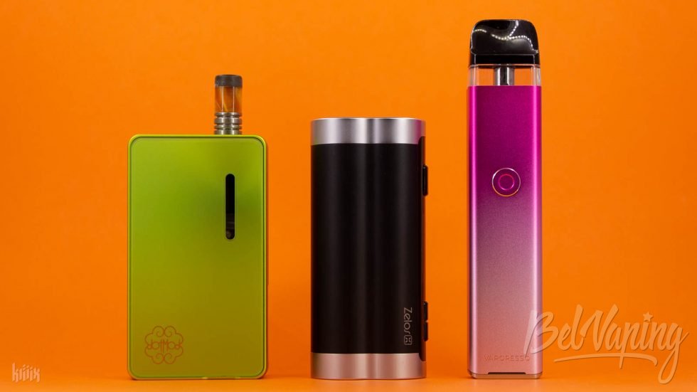 Сравнение размеров (слева направо): Dotmod dotAIO V2, Aspire Zelos X Mod, Vaporesso XROS 3