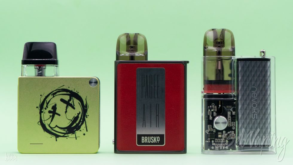 Сравнение размеров (слева направо): Vaporesso Xros 3 Nano, Brusko Nevoks Pagee AIR, Nevoks APX C1