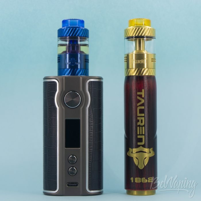 Hellvape Hellbeast RTA на IPV V200 Box Mod (слева) и THC Tauren Mech Mod (24мм на посадке)