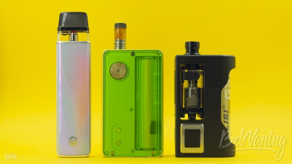 Сравнение размеров: (слева направо): Vaporesso Xros 5 Mini, Dotmod Dotaio V2 и Vandy Vape Nova AIO